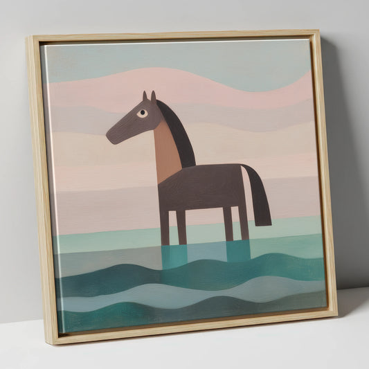 Stylised Horse In Coastal Waves beach horse canvas wall art in natural frame