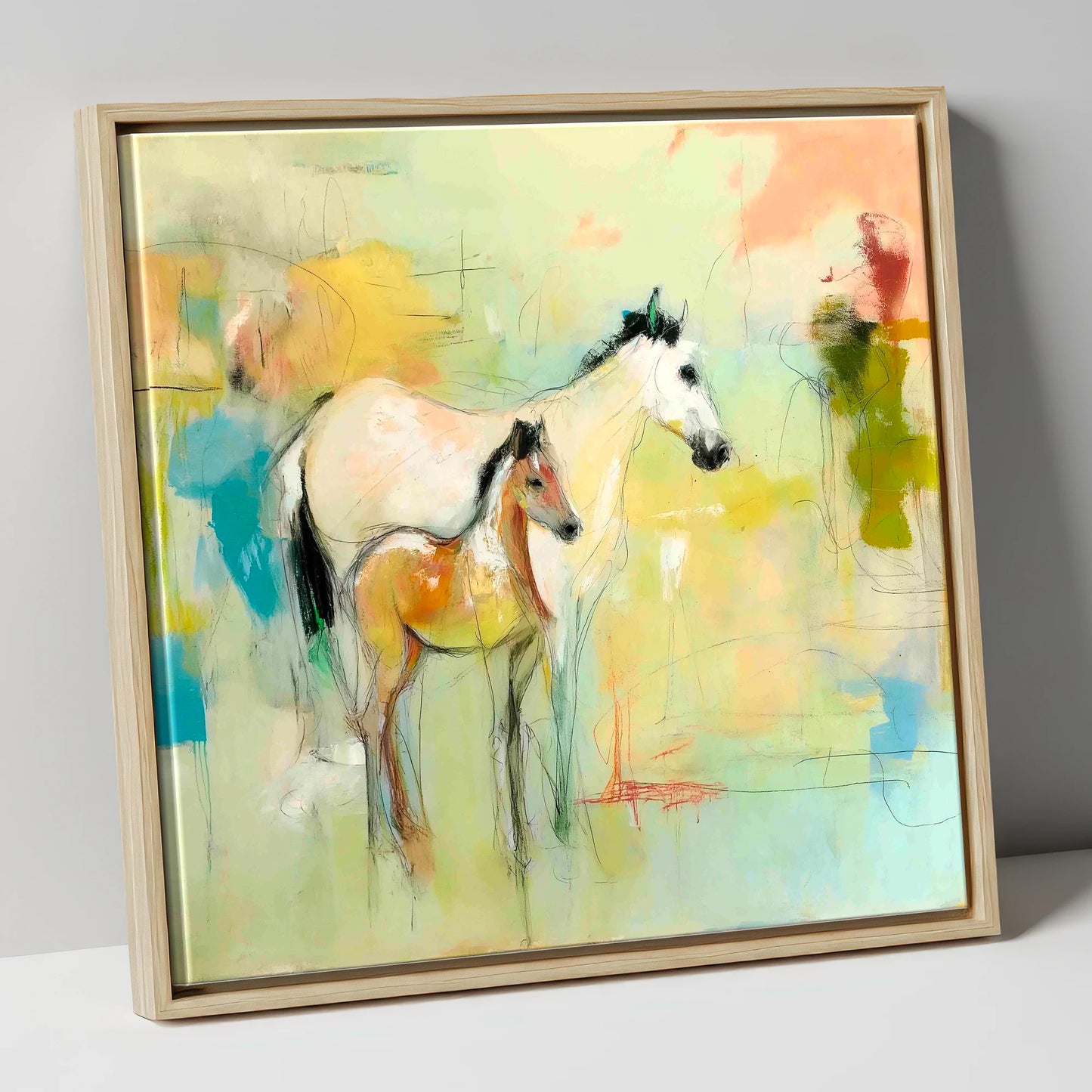 Ethereal Mare and Foal mare & foal canvas wall art in natural frame