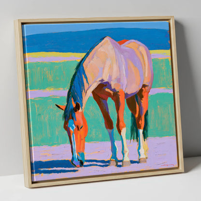 Colourful Grazing Horse horse breed canvas wall art in natural frame