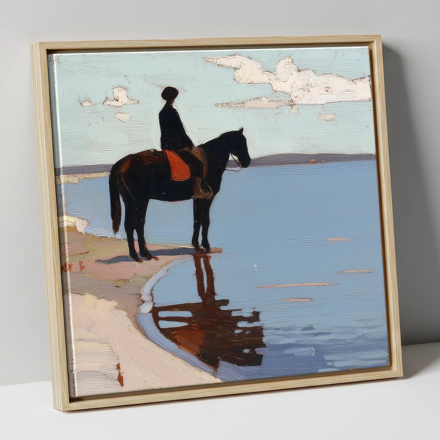 Stillness at the Shore beach horse canvas wall art in natural frame