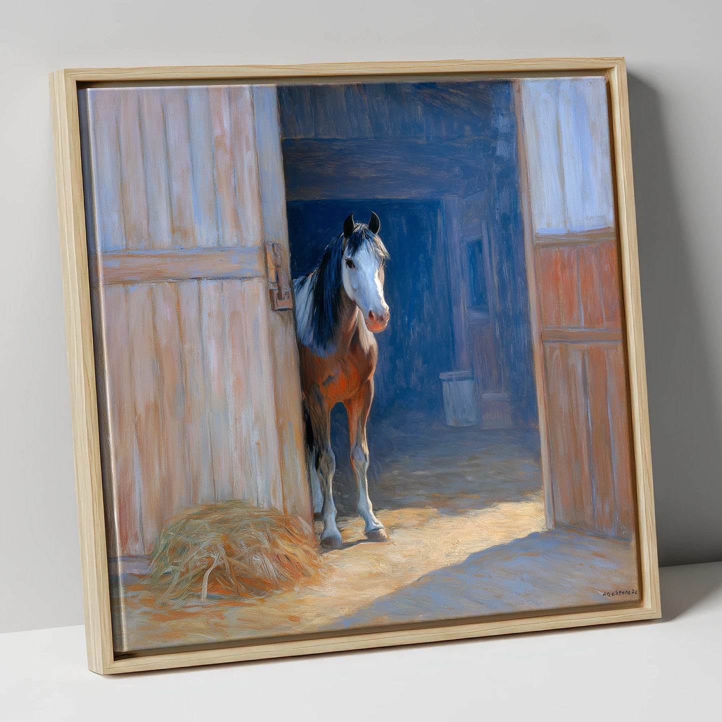 Sunlit Barn Doorway horse stable canvas wall art in natural frame