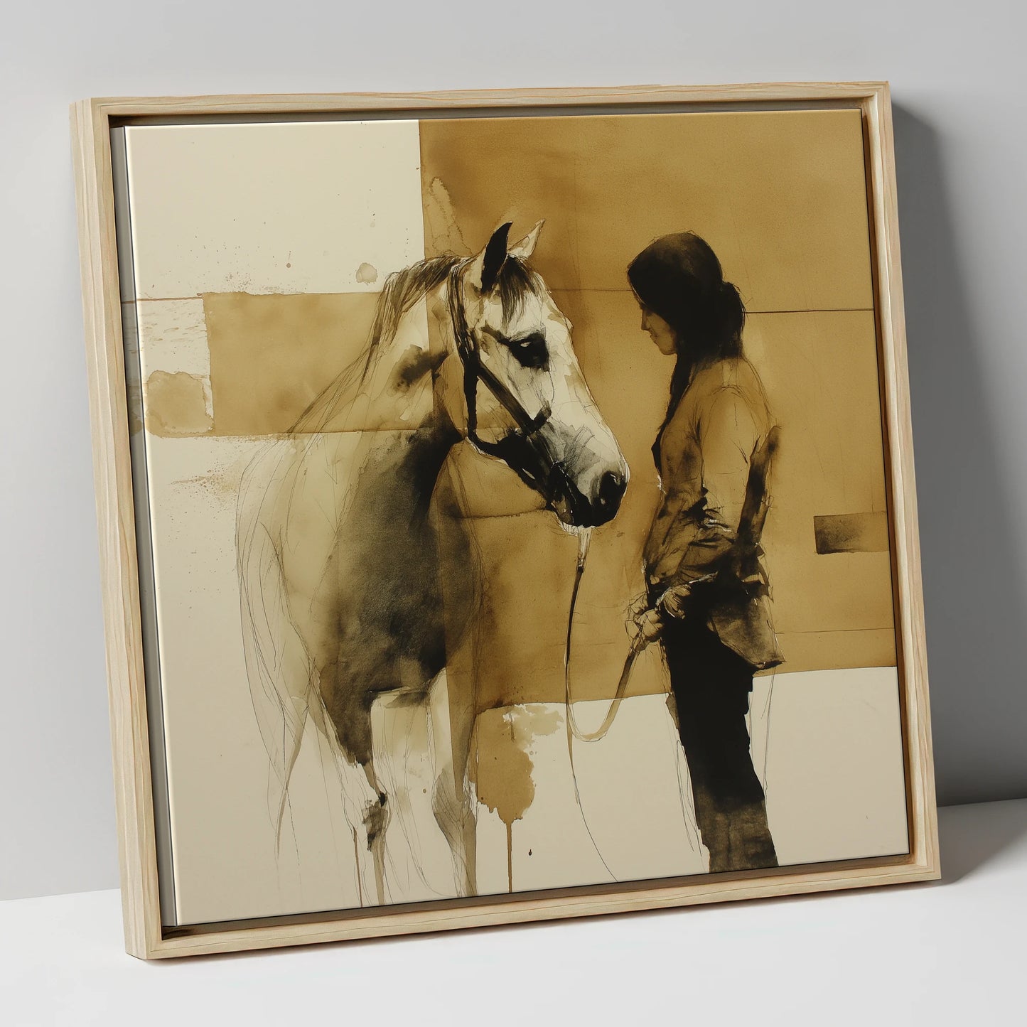 Silent Dialogue horse & rider canvas wall art in natural frame