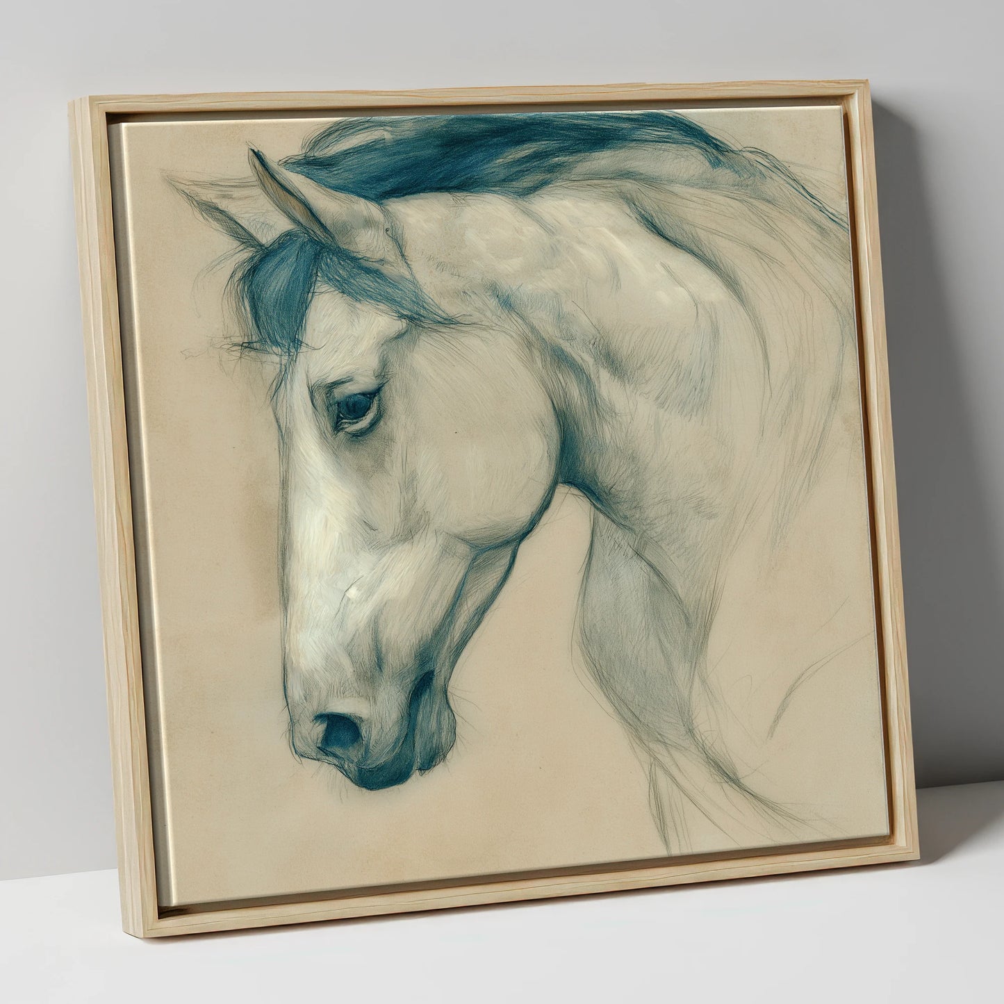 Quiet Grey Profile horse portrait canvas wall art in natural frame