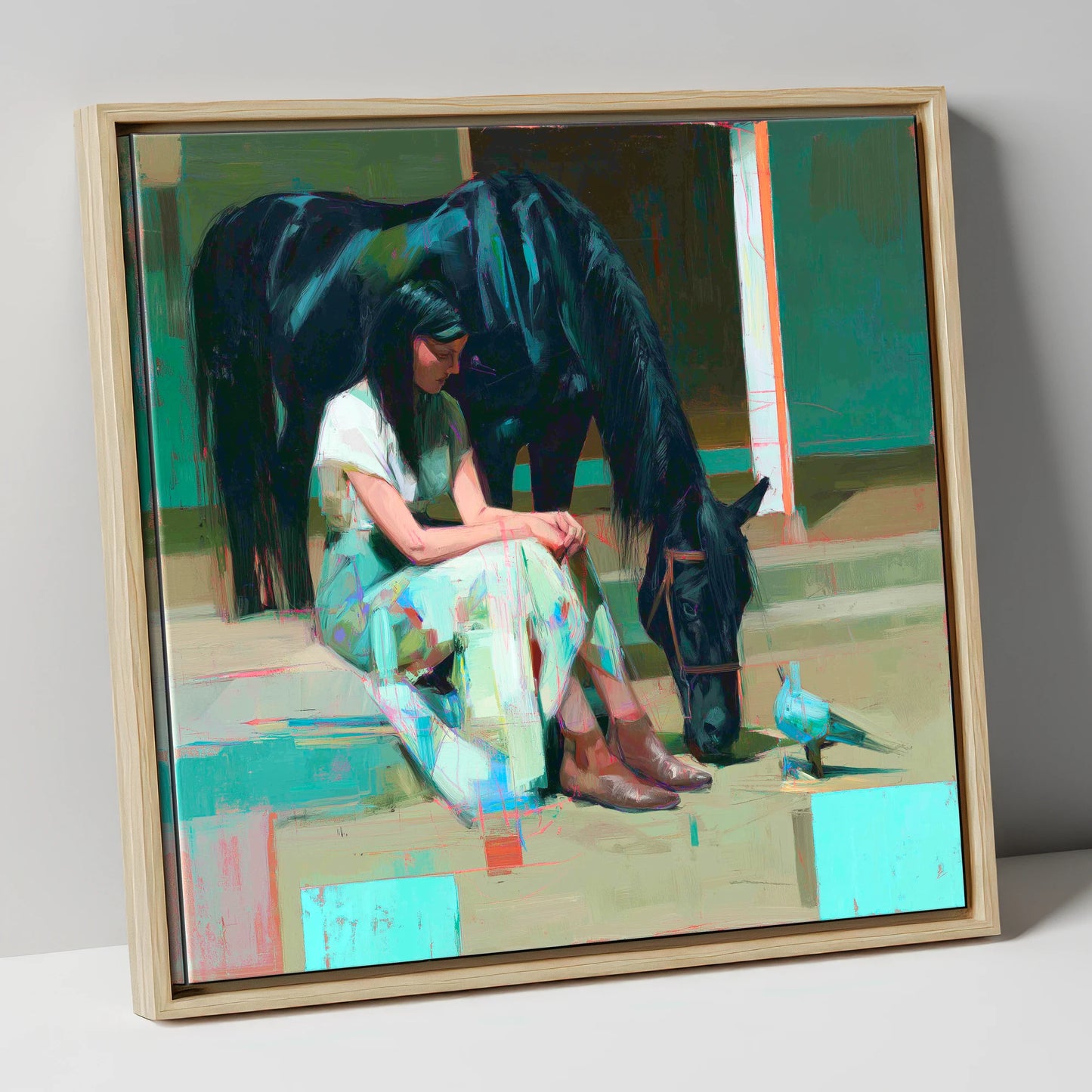 Stillness in the Yard horse & rider canvas wall art in natural frame
