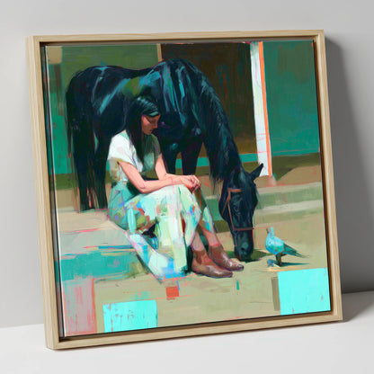 Stillness in the Yard horse & rider canvas wall art in natural frame