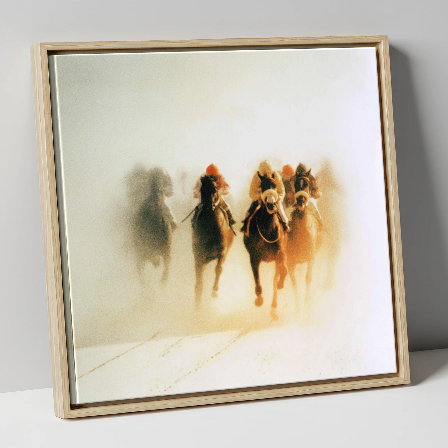 Emerging From The Mist racing horse canvas wall art in natural frame