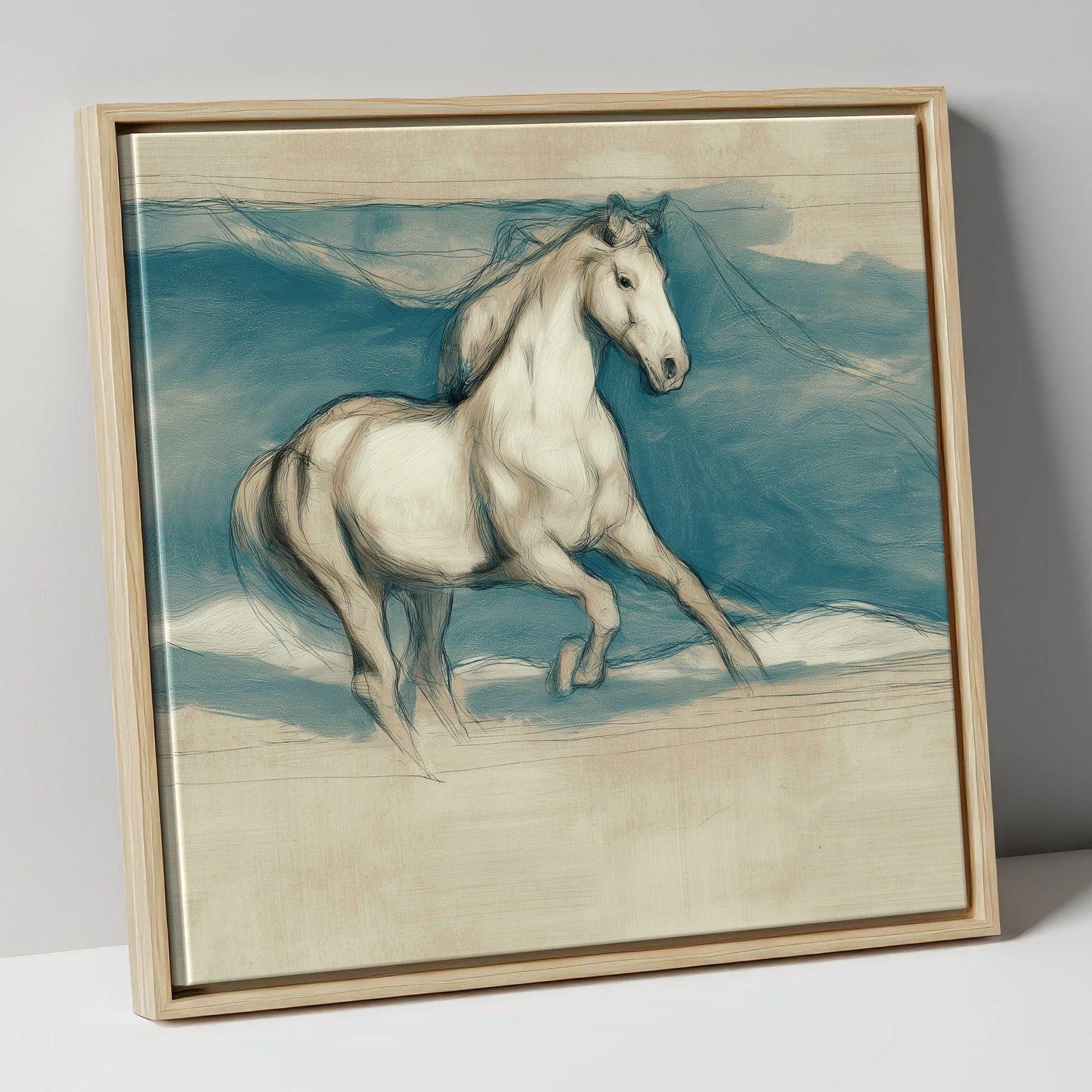 Ethereal Grey Canter horse portrait canvas wall art in natural frame