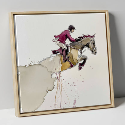 Burgundy Flight show jumping horse canvas wall art in natural frame