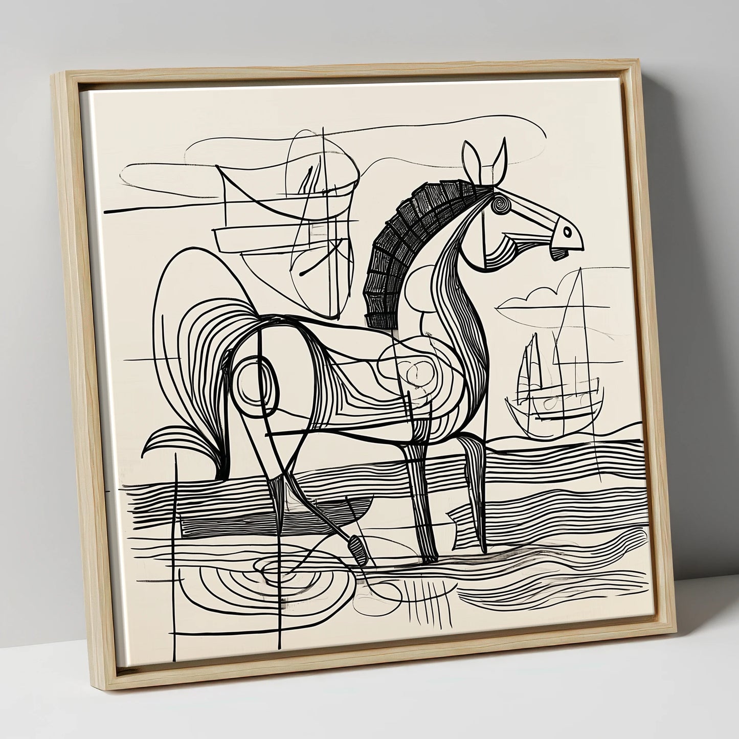 Abstract Coastal Equine beach horse canvas wall art in natural frame
