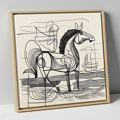 Abstract Coastal Equine beach horse canvas wall art in natural frame