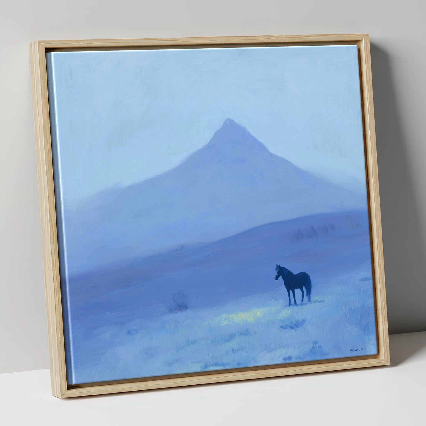 Azure Mountain Solitude horse landscape canvas wall art in natural frame