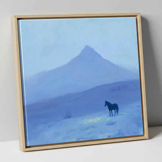 Azure Mountain Solitude horse landscape canvas wall art in natural frame