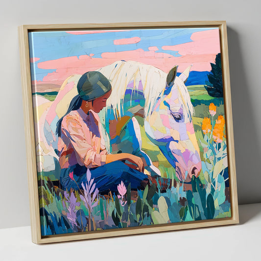 Quiet Summer Connection horse & rider canvas wall art in natural frame