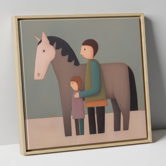 Standing Together horse & rider canvas wall art in natural frame