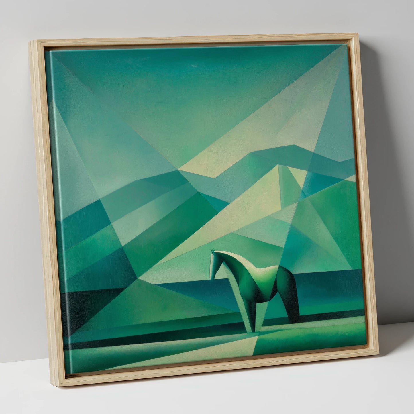 Emerald Equine Geometry horse landscape canvas wall art in natural frame