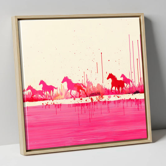 Crimson Gallop wild horses canvas wall art in natural frame