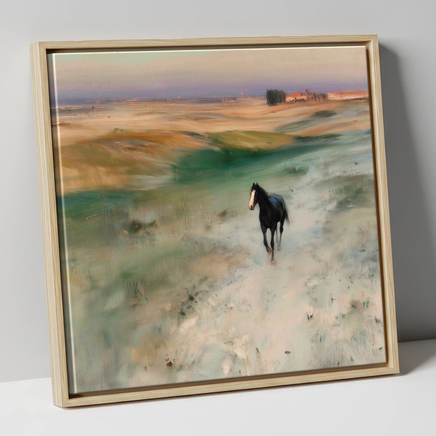 Heading Home horse landscape canvas wall art in natural frame