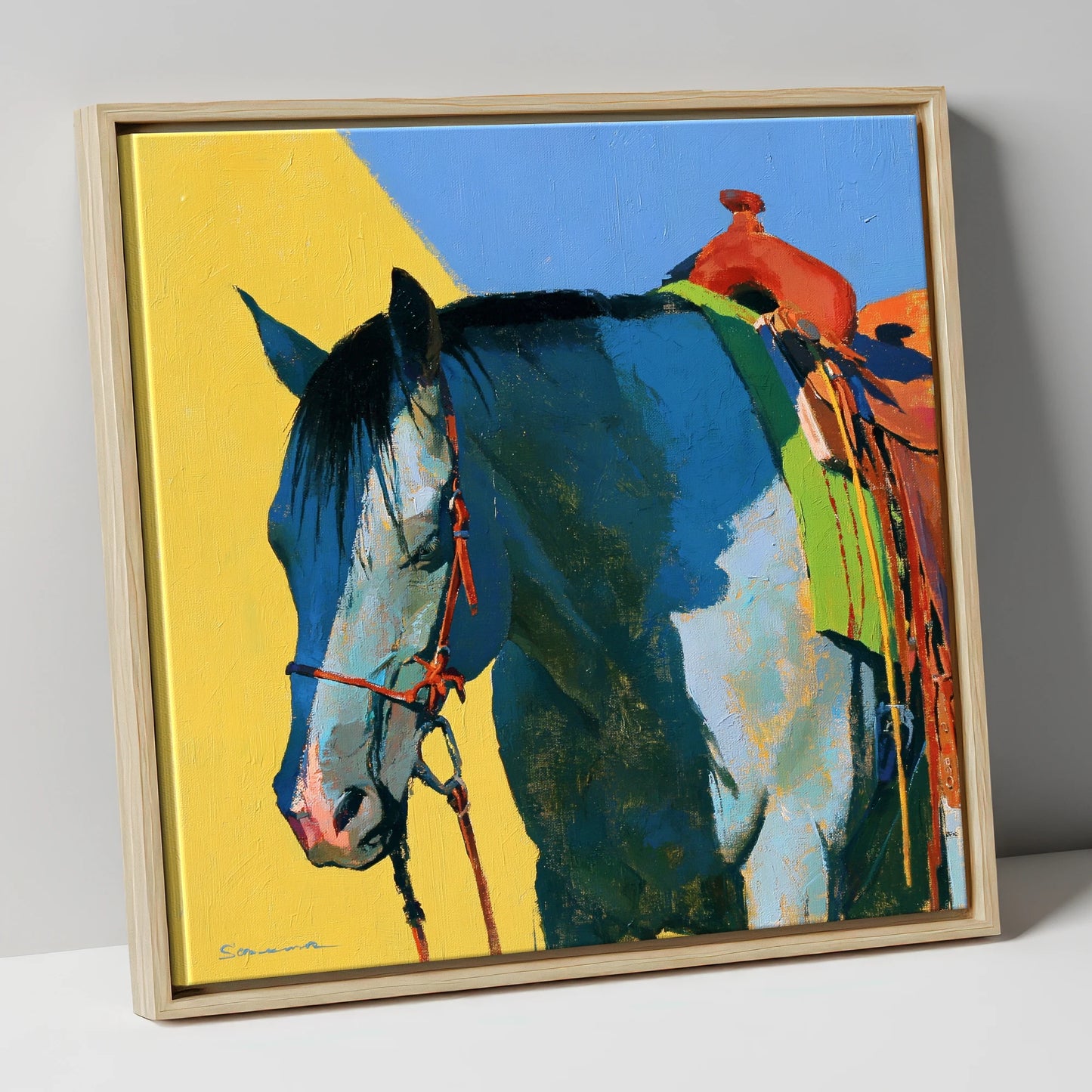 Western Horse in Blue and Yellow horse breed canvas wall art in natural frame