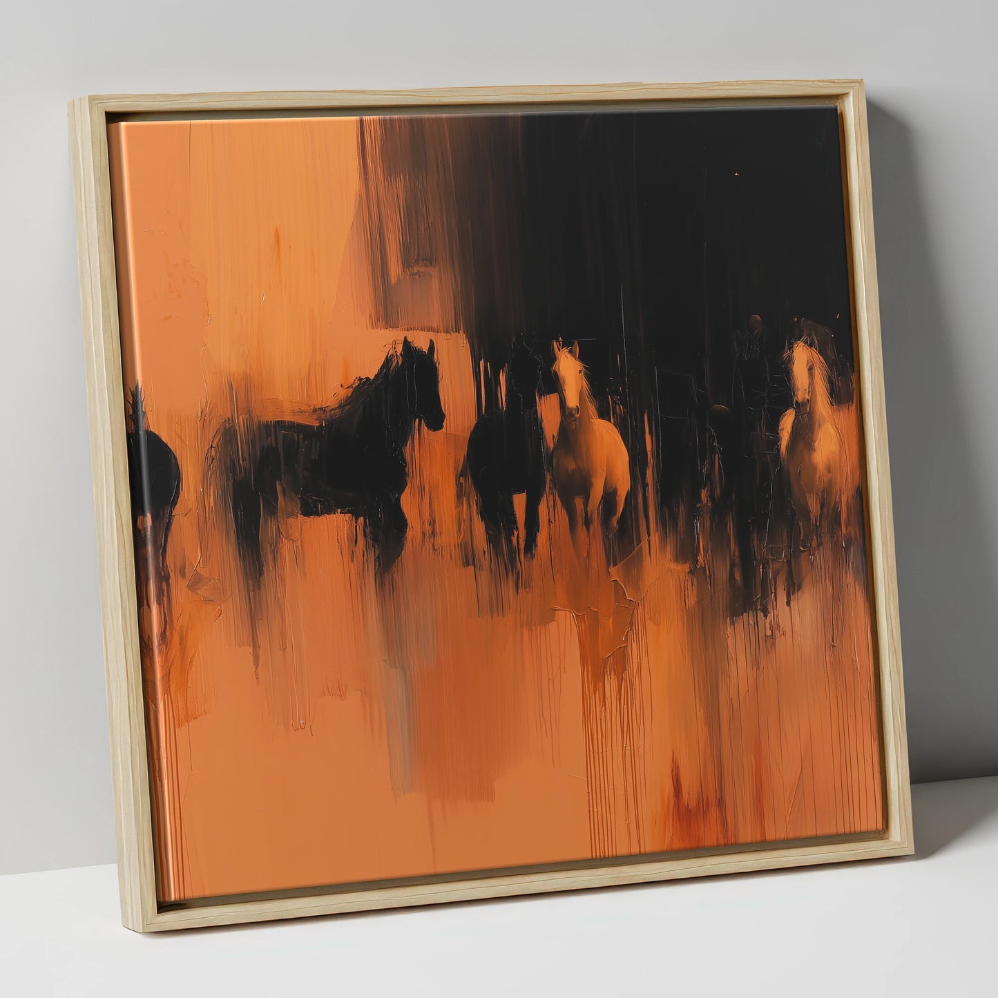 Ember and Shadow wild horses canvas wall art in natural frame