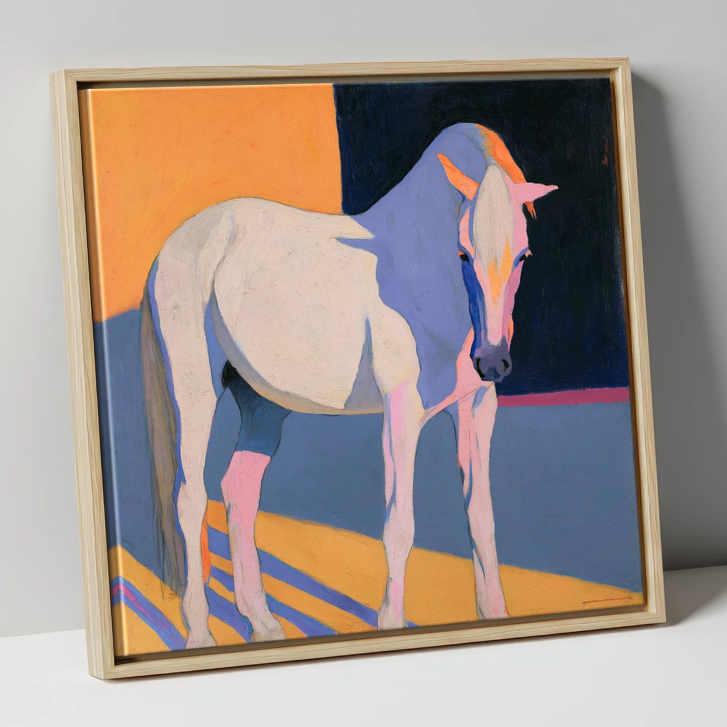 Vibrant Colour Block Grey Horse horse breed canvas wall art in natural frame