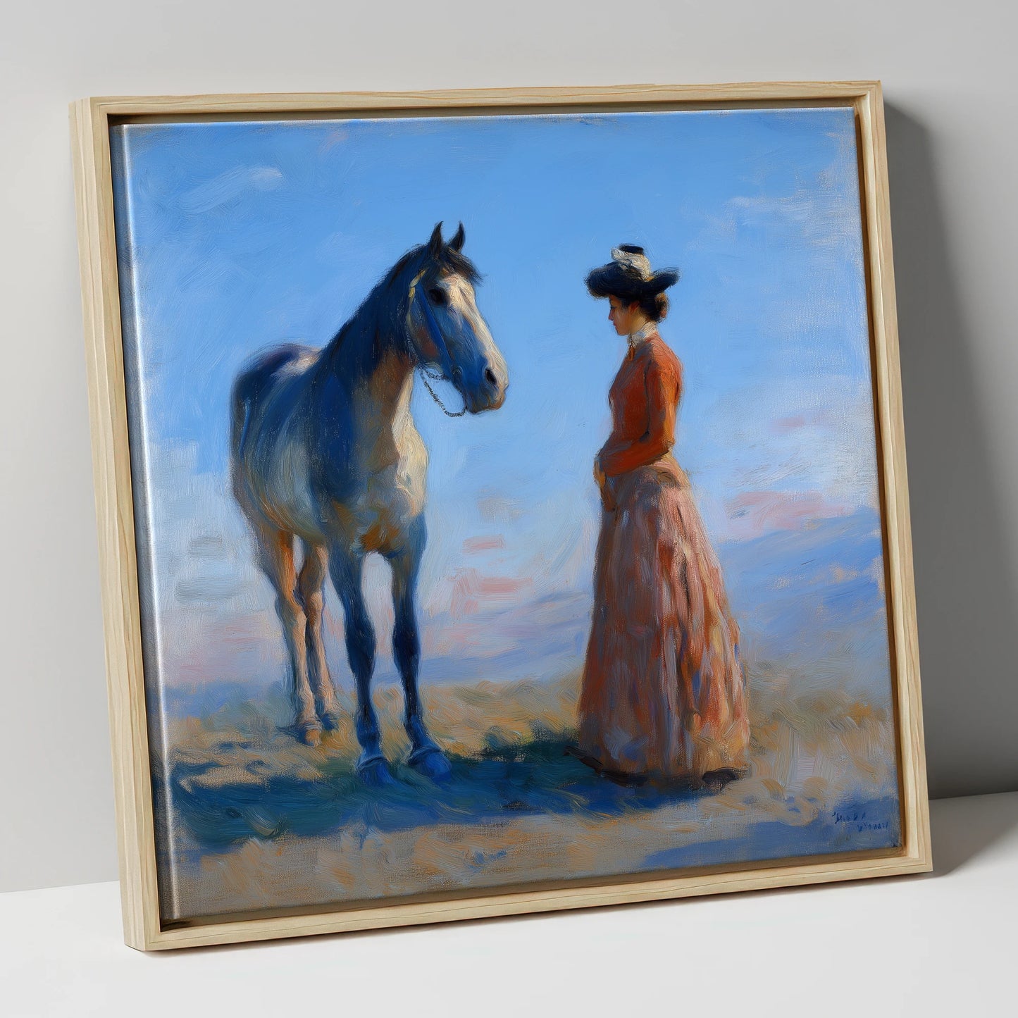 A Timeless Bond horse & rider canvas wall art in natural frame