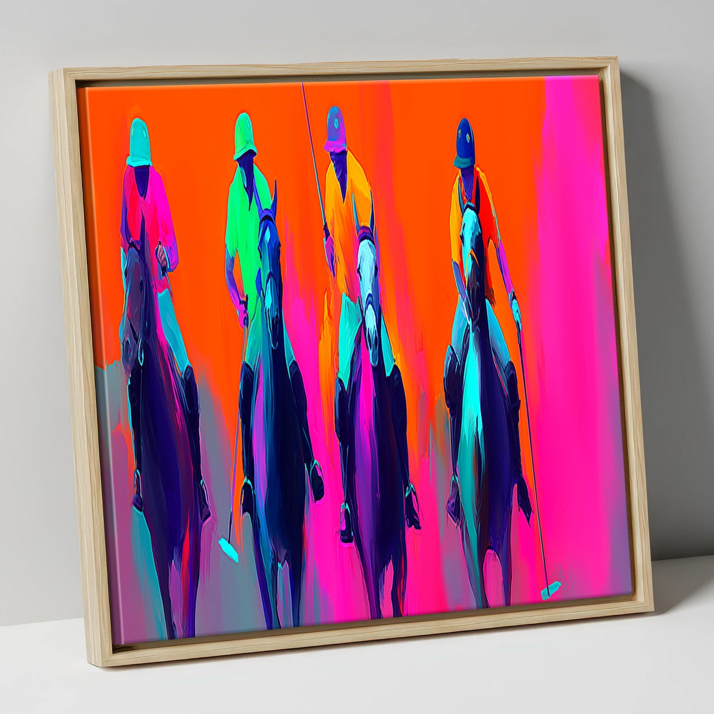 Neon Polo Charge polo horse canvas wall art in natural frame