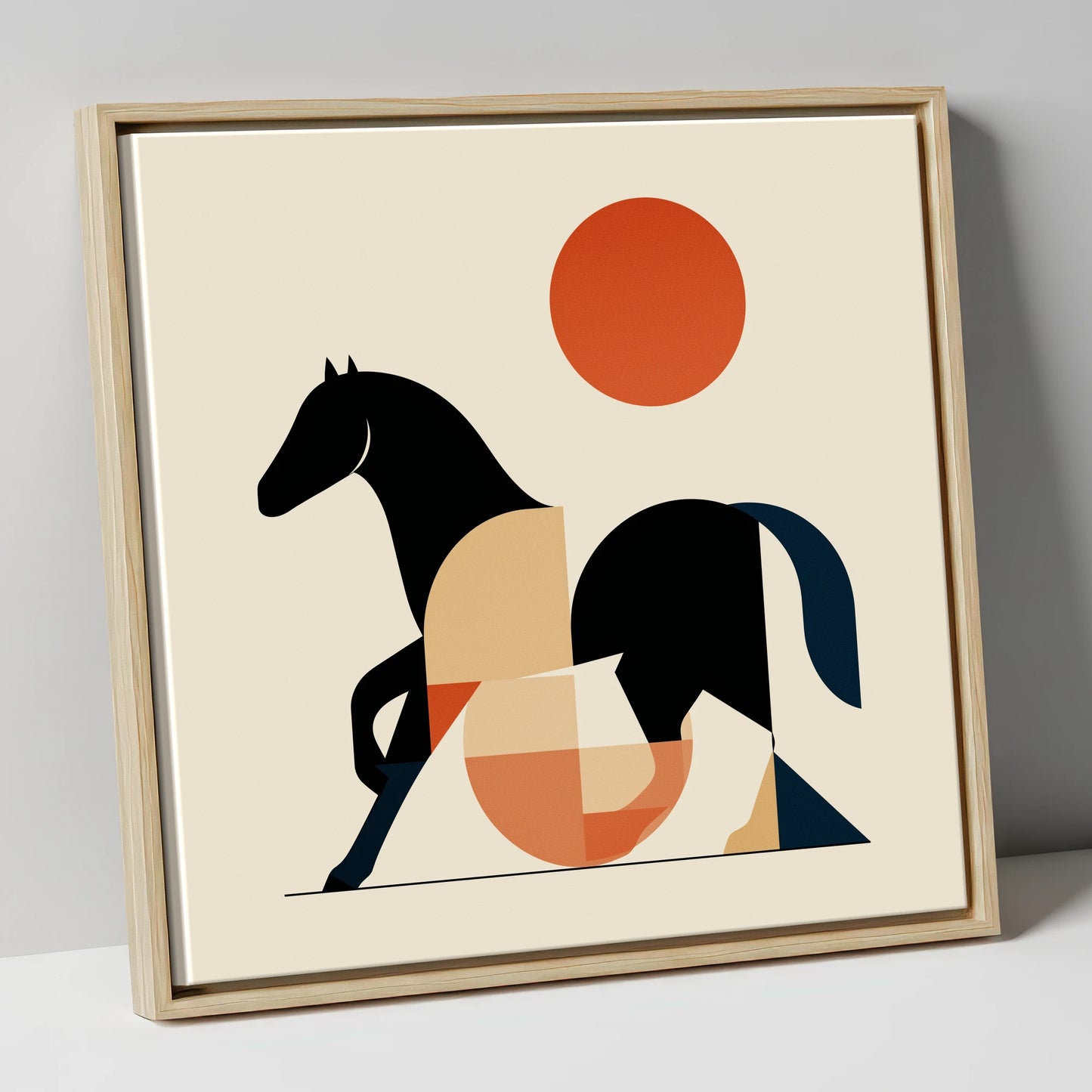 Geometric Equine Form horse portrait canvas wall art in natural frame