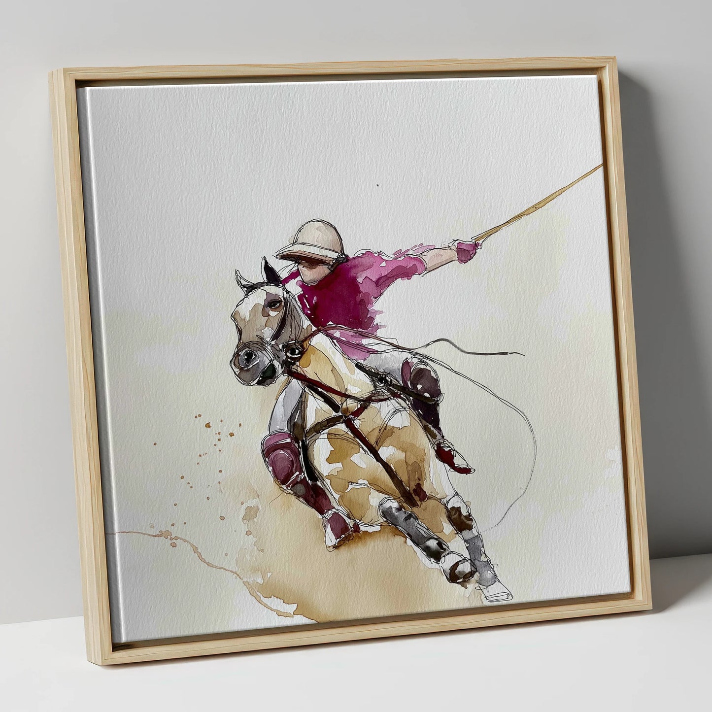 The Decisive Swing polo horse canvas wall art in natural frame