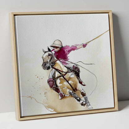 The Decisive Swing polo horse canvas wall art in natural frame