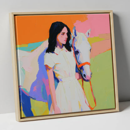 Painted Summer Bond horse & rider canvas wall art in natural frame