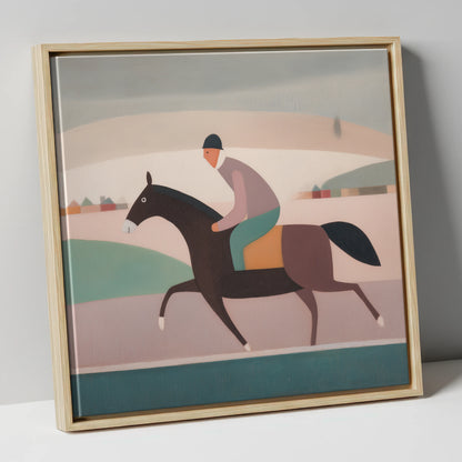 Muted Morning Canter racing horse canvas wall art in natural frame