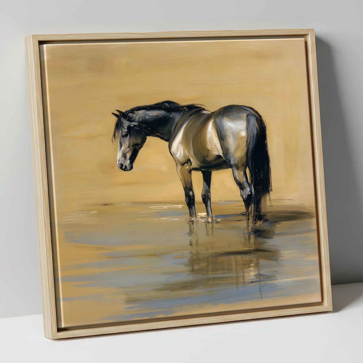 Reflection in Ochre horse portrait canvas wall art in natural frame