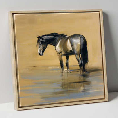 Reflection in Ochre horse portrait canvas wall art in natural frame