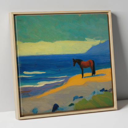 Azure Shoreline Stillness horse landscape canvas wall art in natural frame