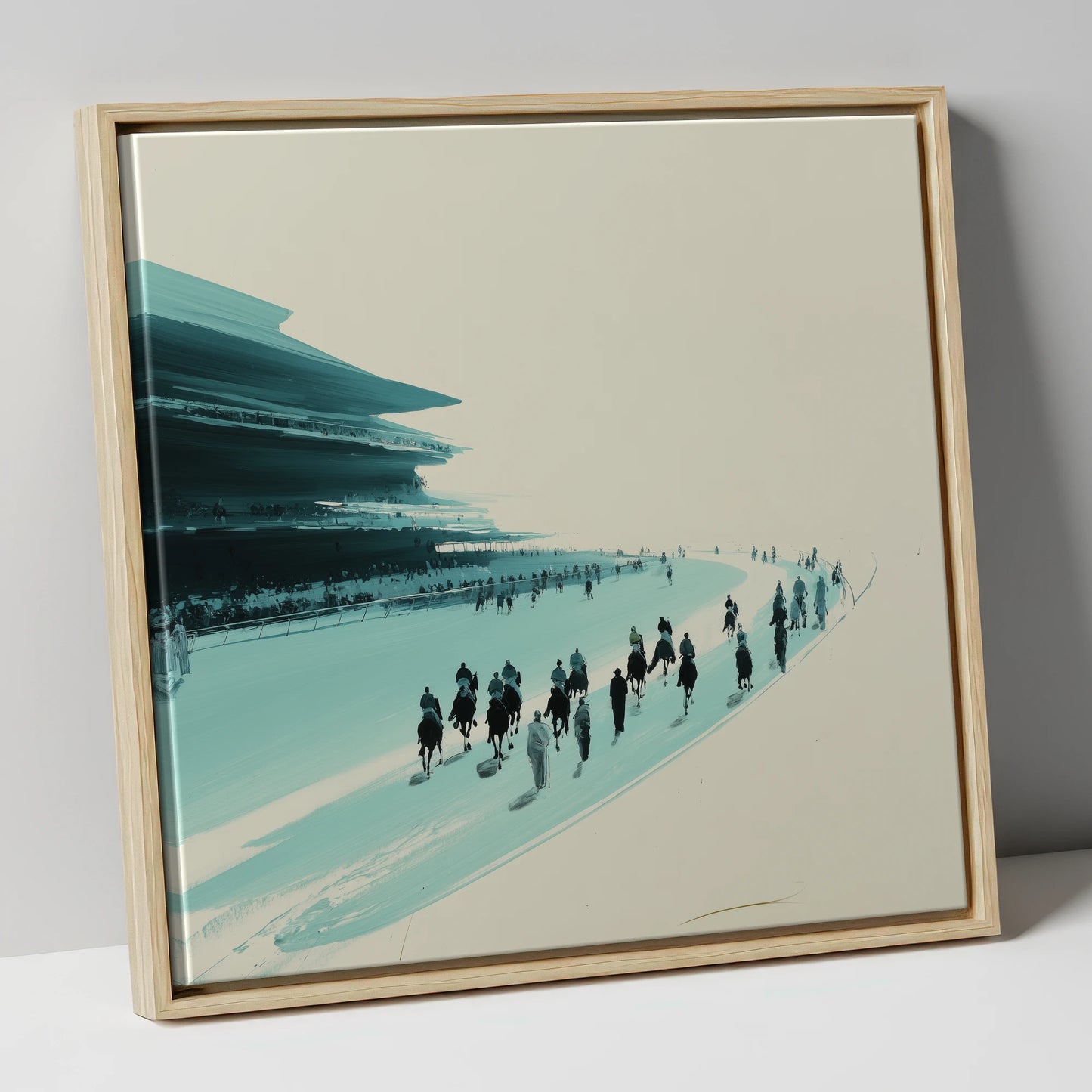 The Final Curve racing horse canvas wall art in natural frame