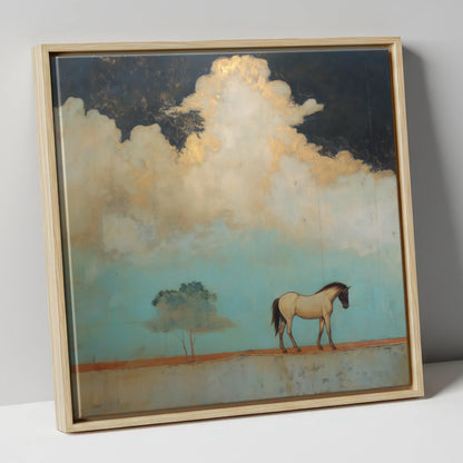 Beneath the Gilded Cloud horse landscape canvas wall art in natural frame