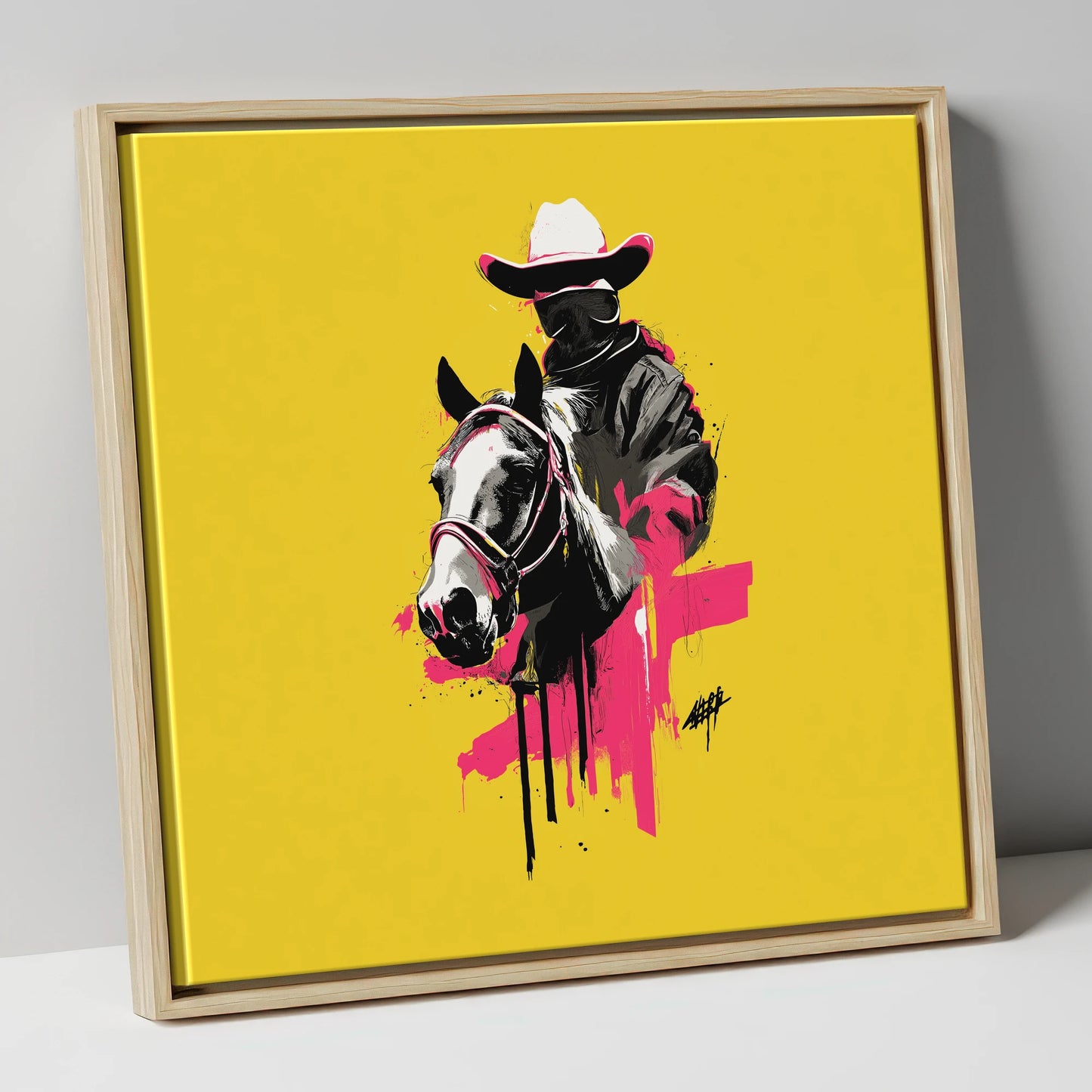 Magenta Western Rider western horse canvas wall art in natural frame