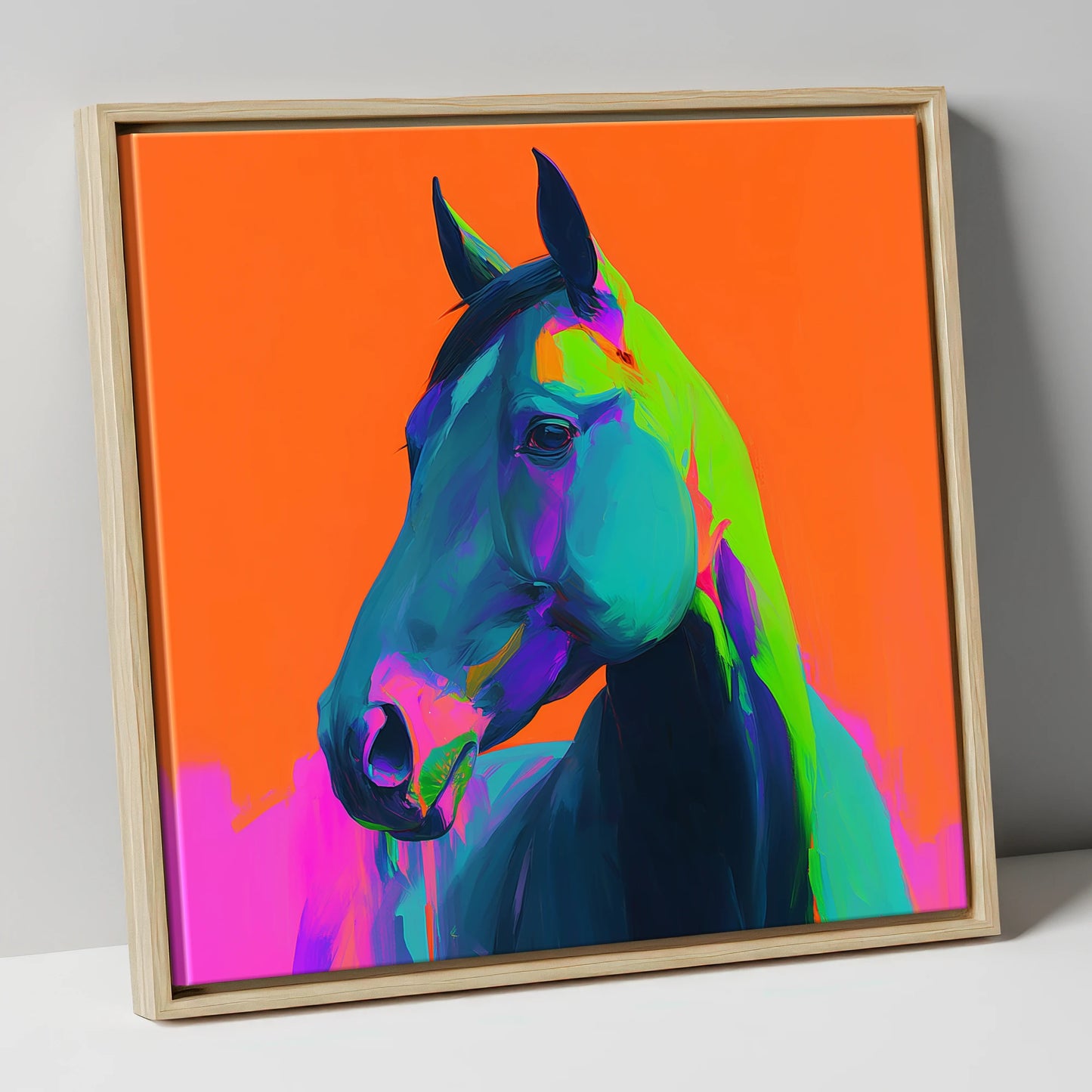 Electric Equine Spirit horse portrait canvas wall art in natural frame