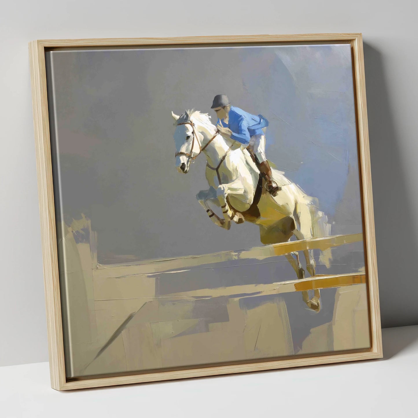 Soaring Grey Showjumper show jumping horse canvas wall art in natural frame