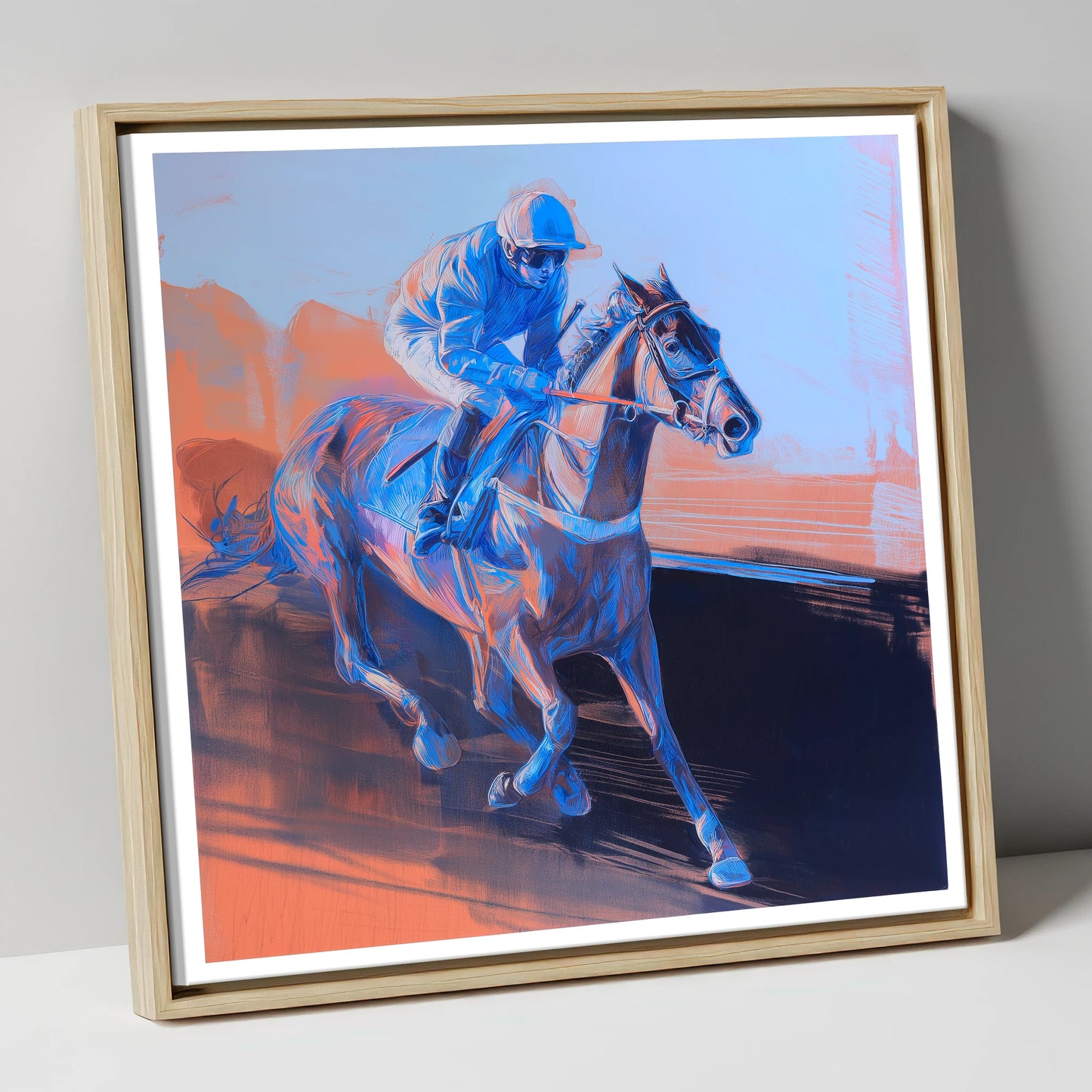 Indigo Stride racing horse canvas wall art in natural frame