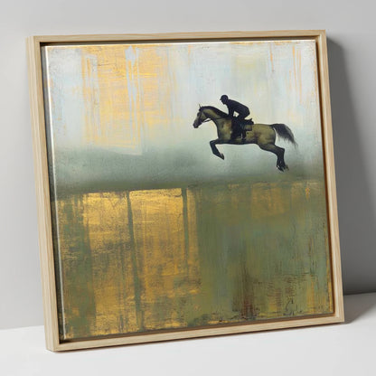Gilded Suspension show jumping horse canvas wall art in natural frame