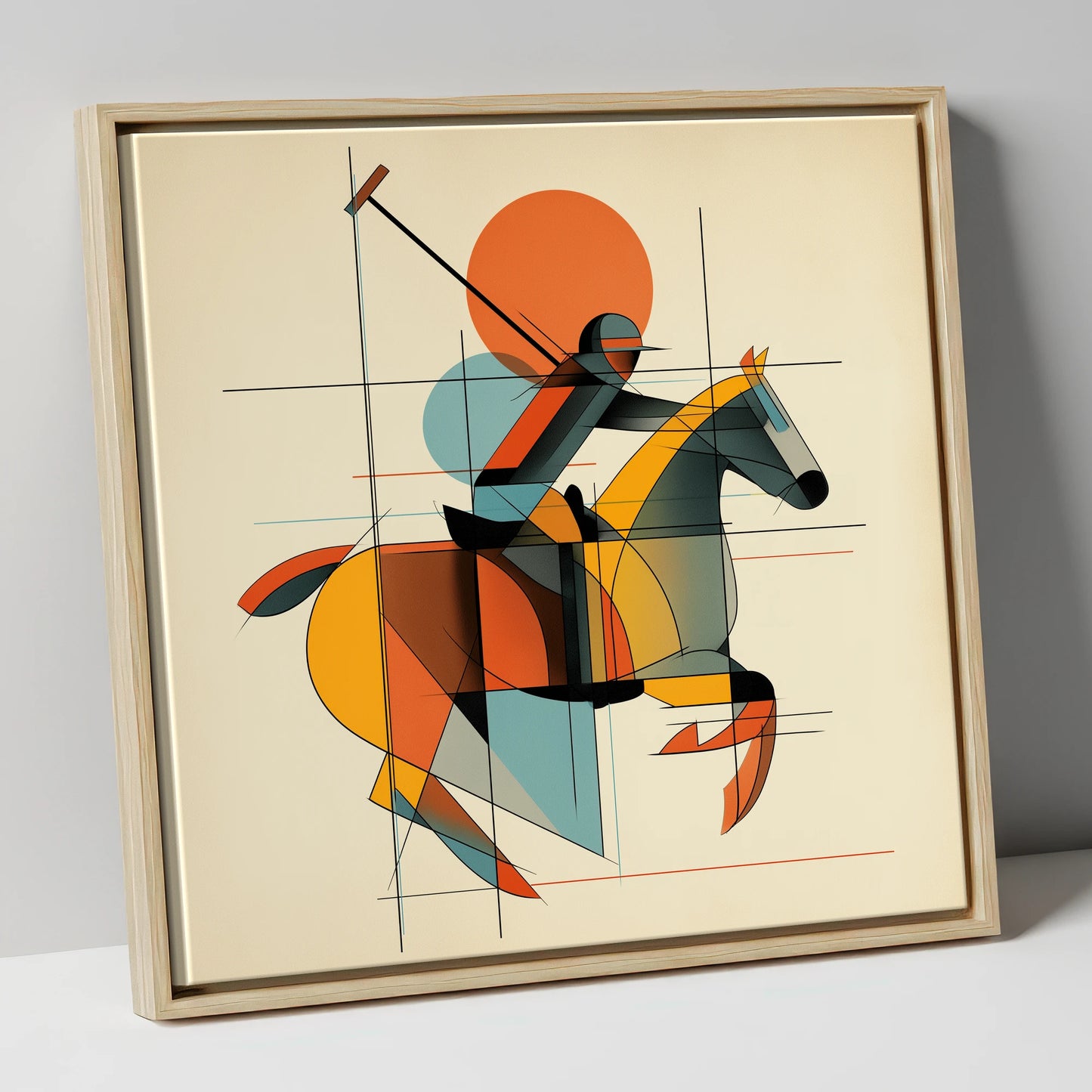 The Geometry of Polo polo horse canvas wall art in natural frame