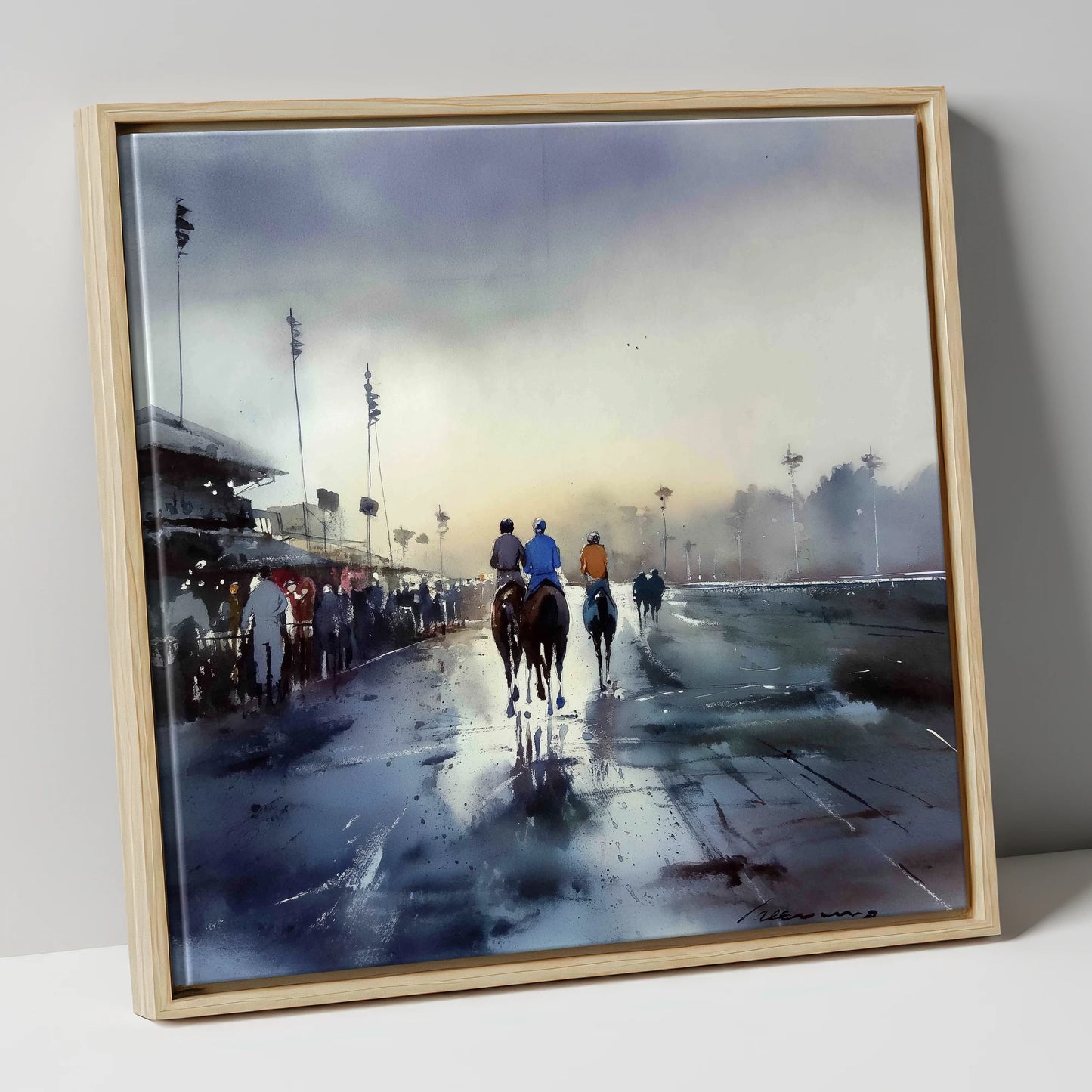 Dawn at the Track racing horse canvas wall art in natural frame