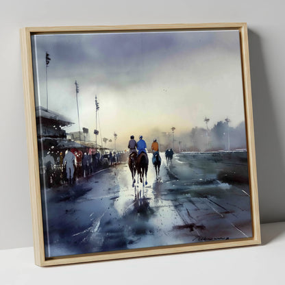 Dawn at the Track racing horse canvas wall art in natural frame