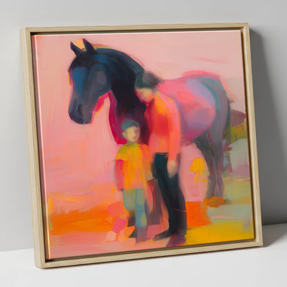 A Vibrant Bond horse & rider canvas wall art in natural frame