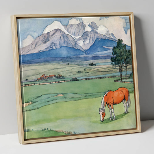 Alpine Pastures horse landscape canvas wall art in natural frame