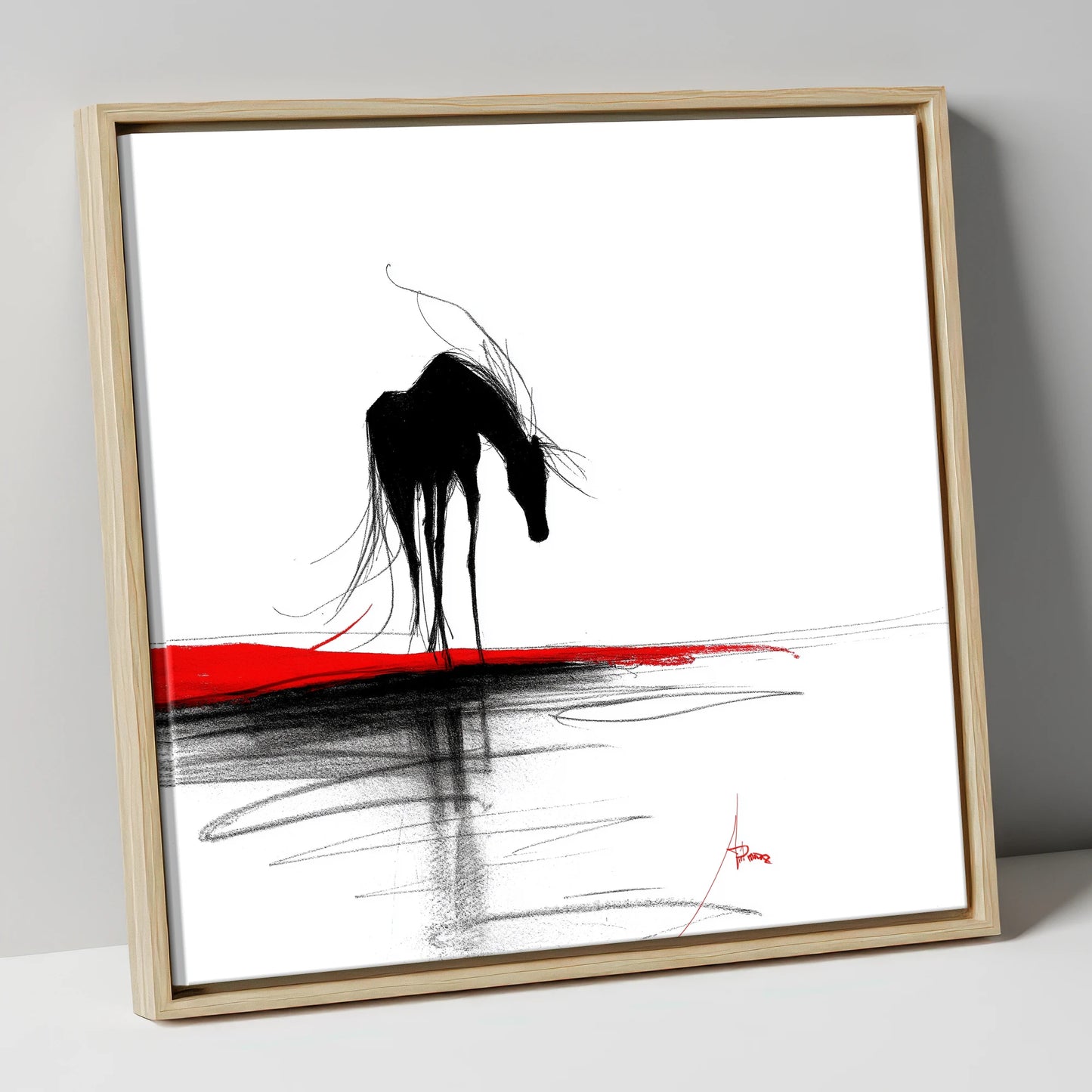 Crimson Horizon Silhouette horse portrait canvas wall art in natural frame