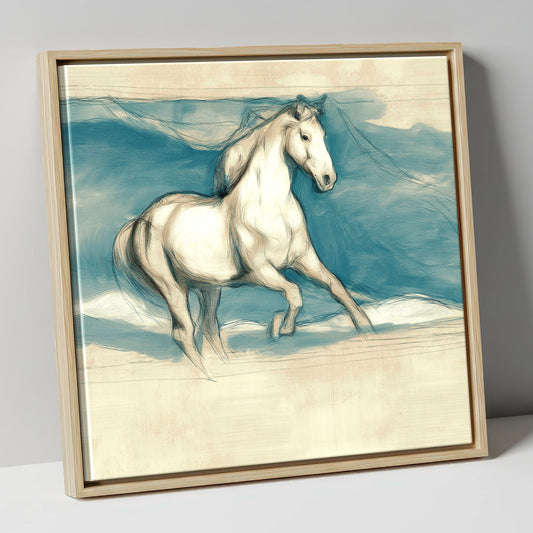 Ethereal Grey Canter horse portrait canvas wall art in natural frame