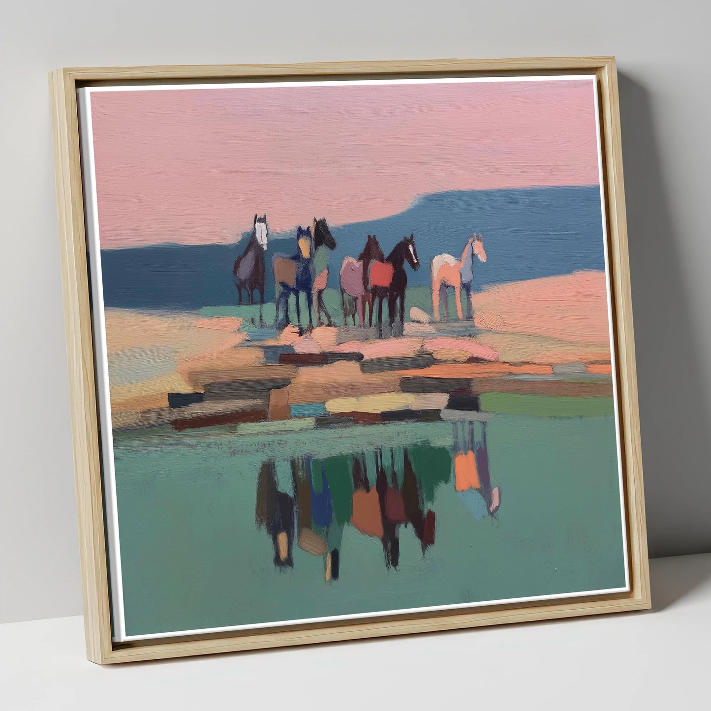 Stillness by the Water wild horses canvas wall art in natural frame