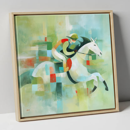 Modern Turf Mosaic racing horse canvas wall art in natural frame